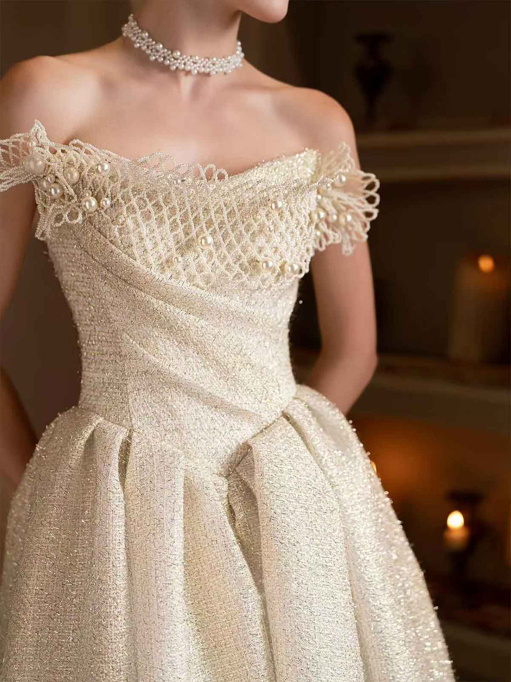Off-the-Shoulder Ball Gown with Lace Mesh Neckline & Glitter Tweed Fabric