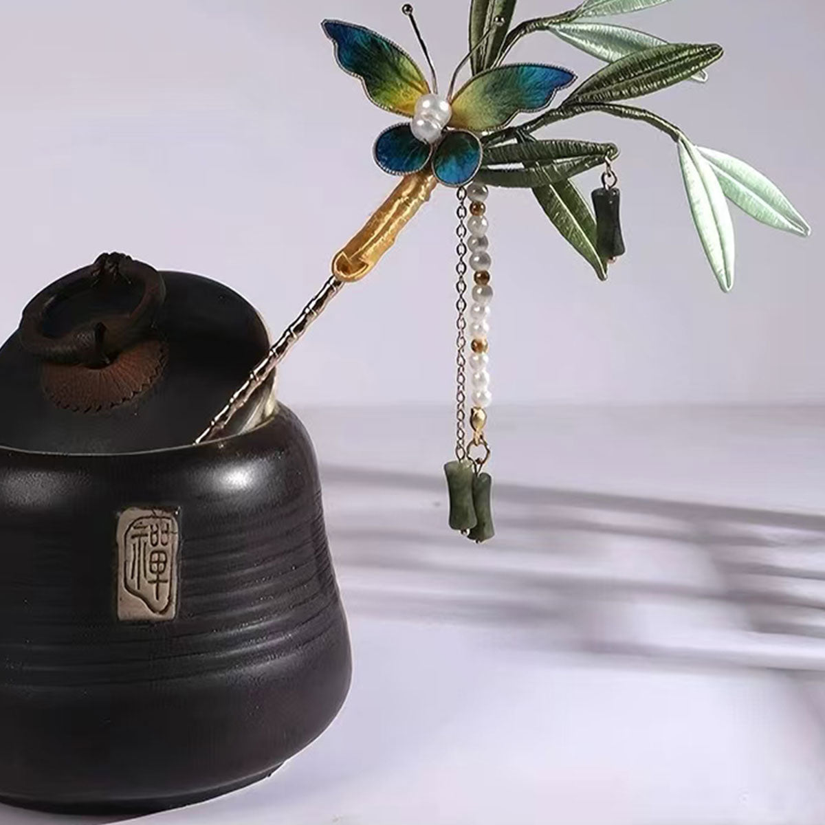 Handmade Chinese Bamboo & Butterfly Hairpin with Jade Tassel for Hanfu