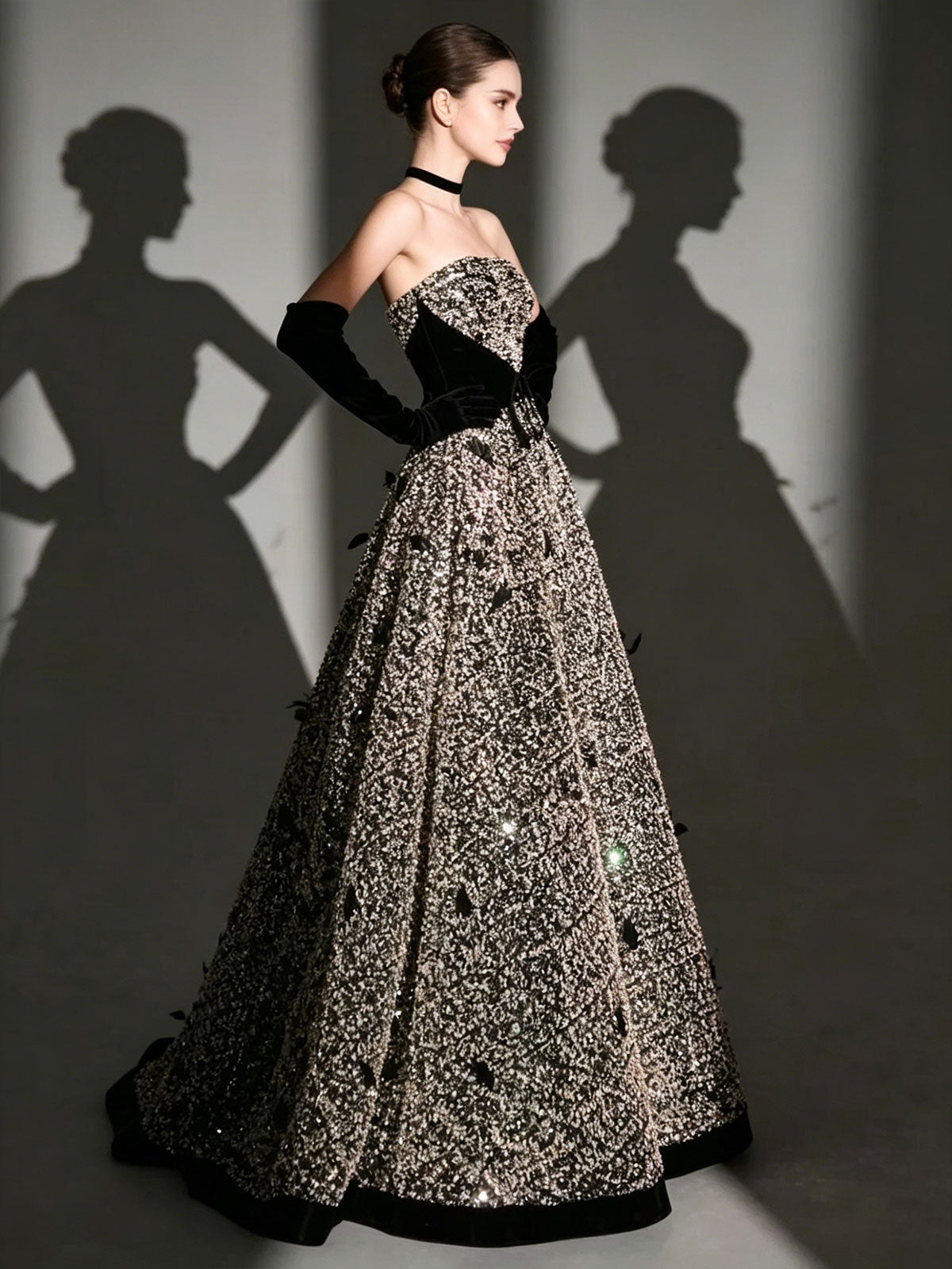 Strapless Sequin Feather Velvet Trim A-Line Evening Formal Gown