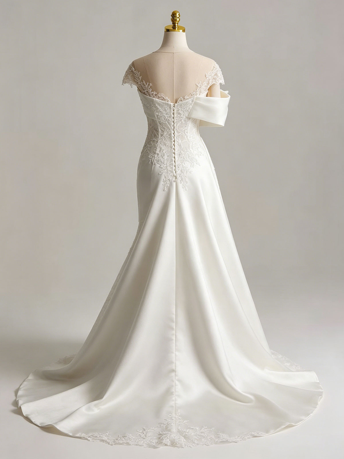 Illusion Off Shoulder 3D Floral Lace Mermaid Train Wedding Gown