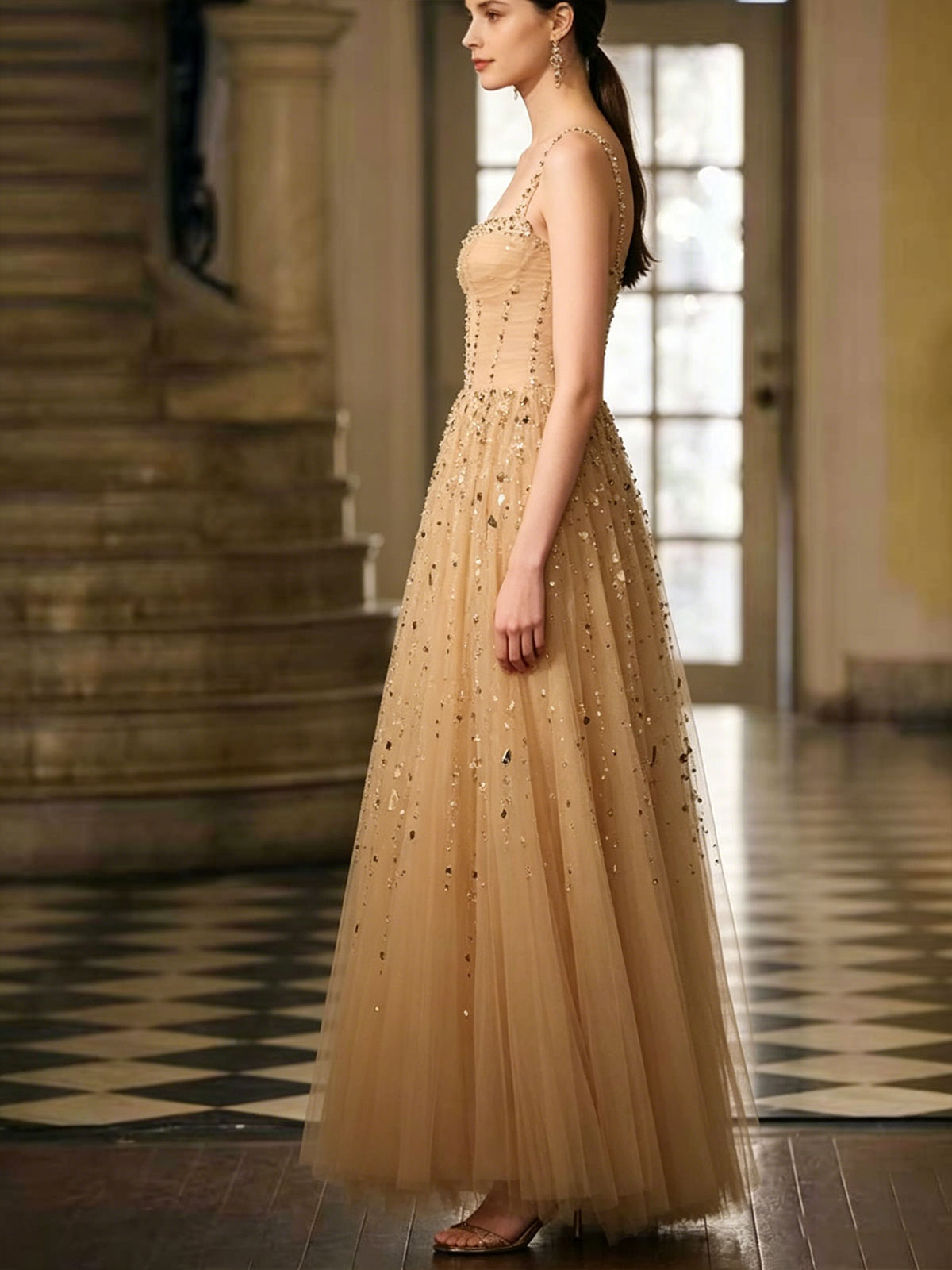 Nude Spaghetti Strap Corset Tulle Evening Gown with Multi-Color Crystal Beading