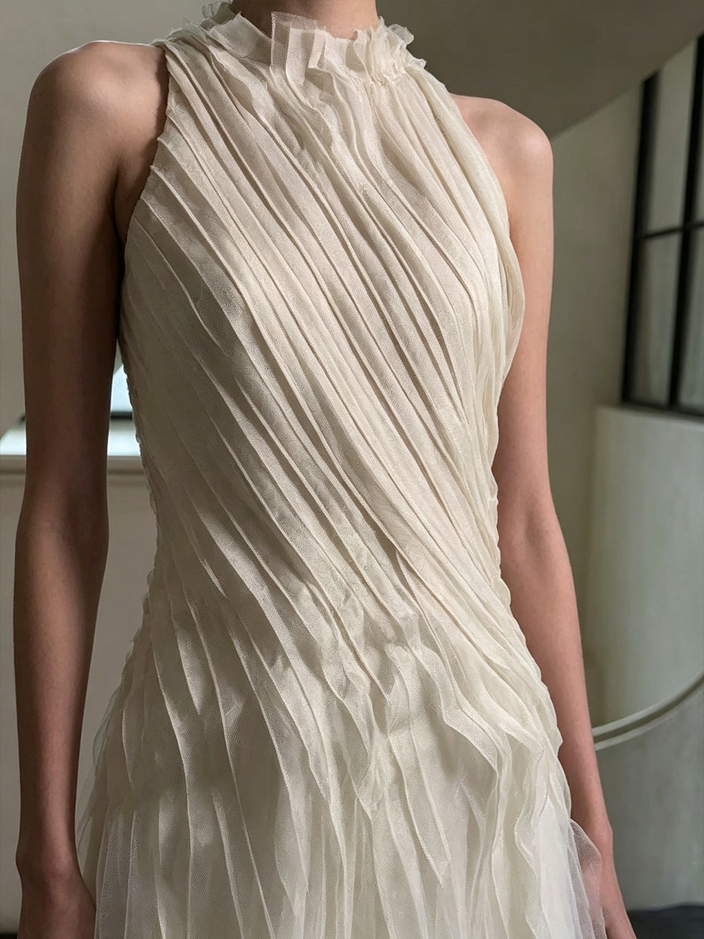 Ivory Halter Neck Ruched Tulle A-Line Wedding Dress