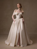 Ivory Oversized Bow Strapless Satin Ball Gown Wedding Dress