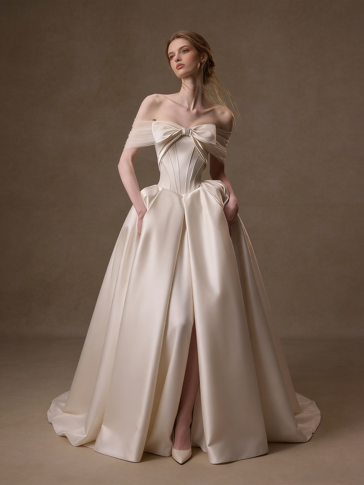 Ivory Oversized Bow Strapless Satin Ball Gown Wedding Dress