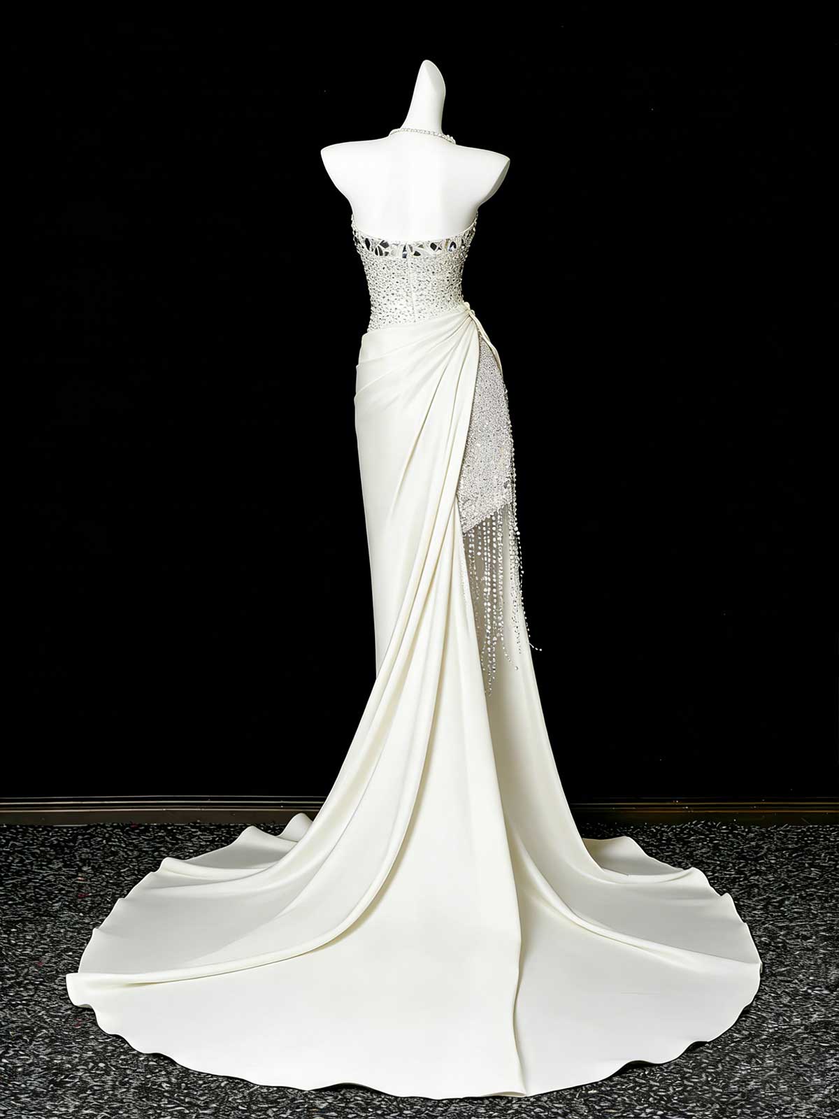 Elegant White Beaded Fringe Slit Evening Gown with Scarf