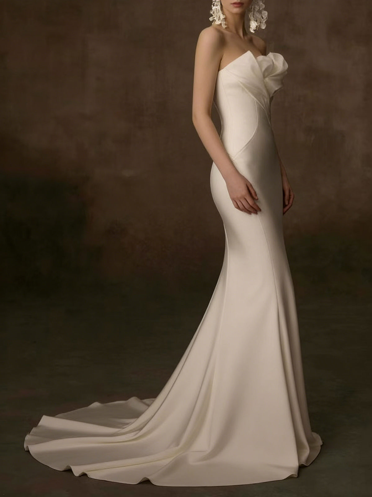 Ivory Satin Strapless Mermaid Wedding Dress with Floral Bust Detail