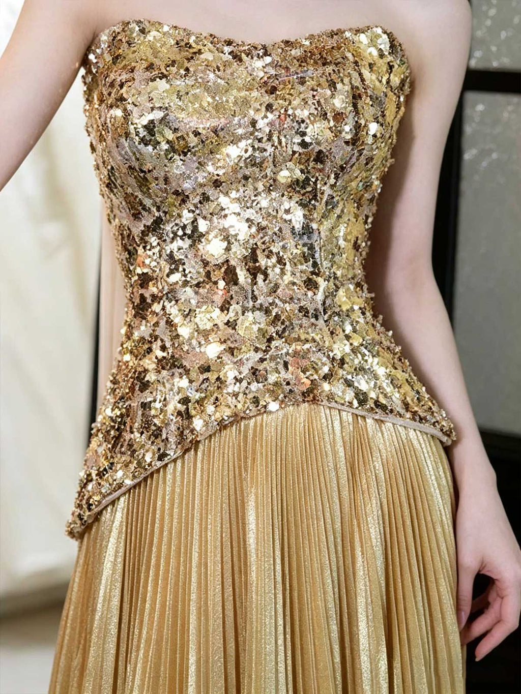 Gold Strapless Sequin Corset Evening Gown with Pleated Metallic Skirt