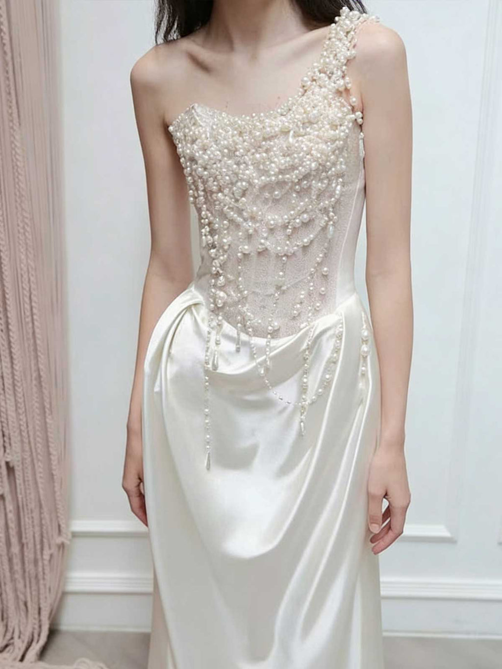 Ivory One-Shoulder Pearl Beaded Satin Maxi Gown