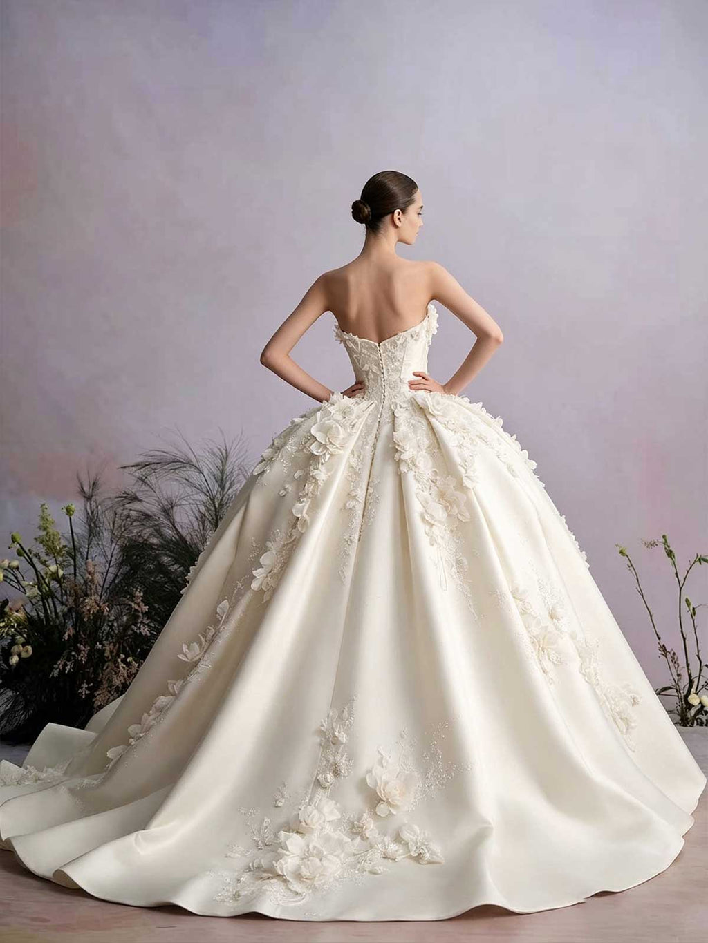 Ivory Satin 3D Floral Strapless Ball Gown Wedding Dress with Train