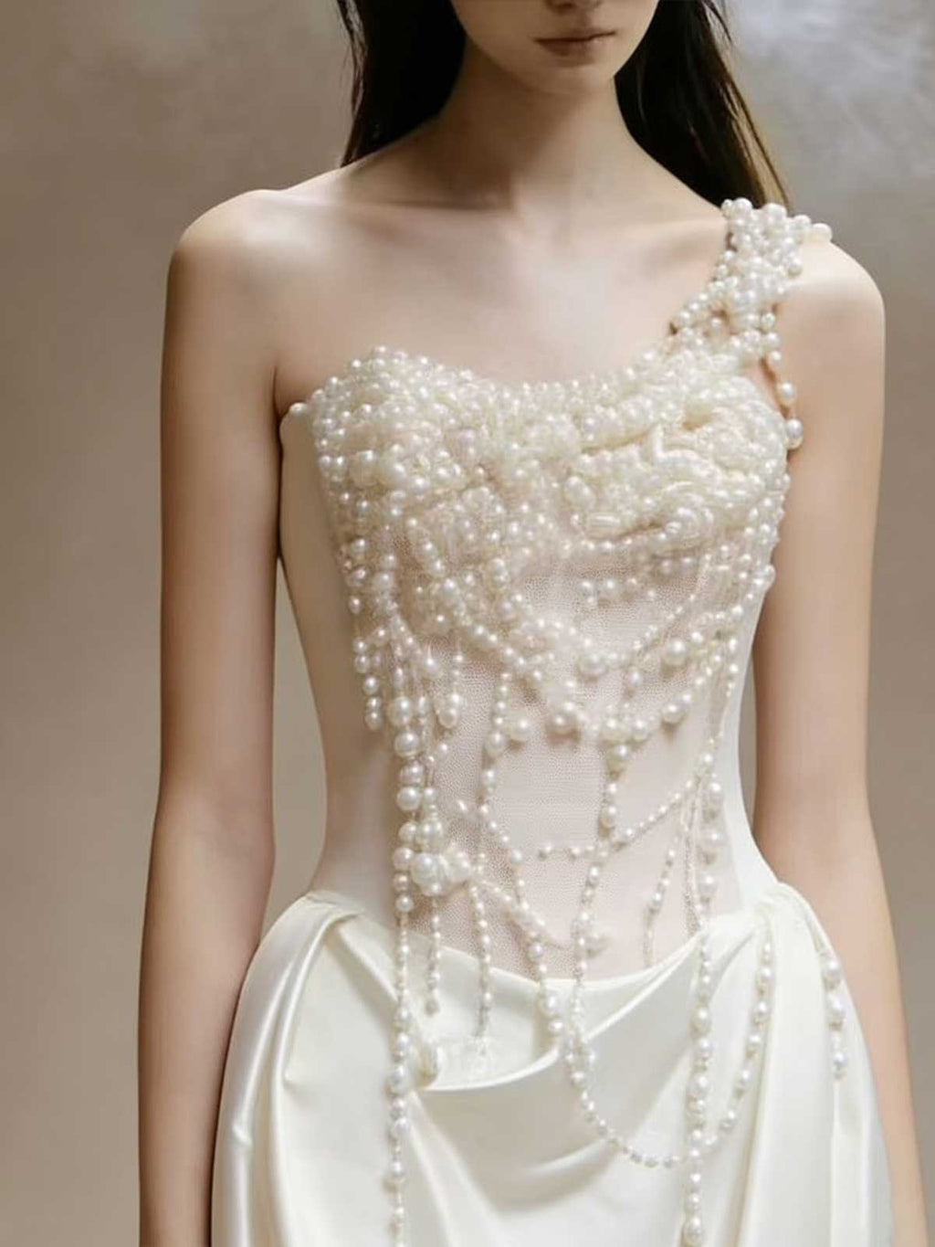 White Pearl Beaded One Shoulder Satin Mermaid Evening Gown