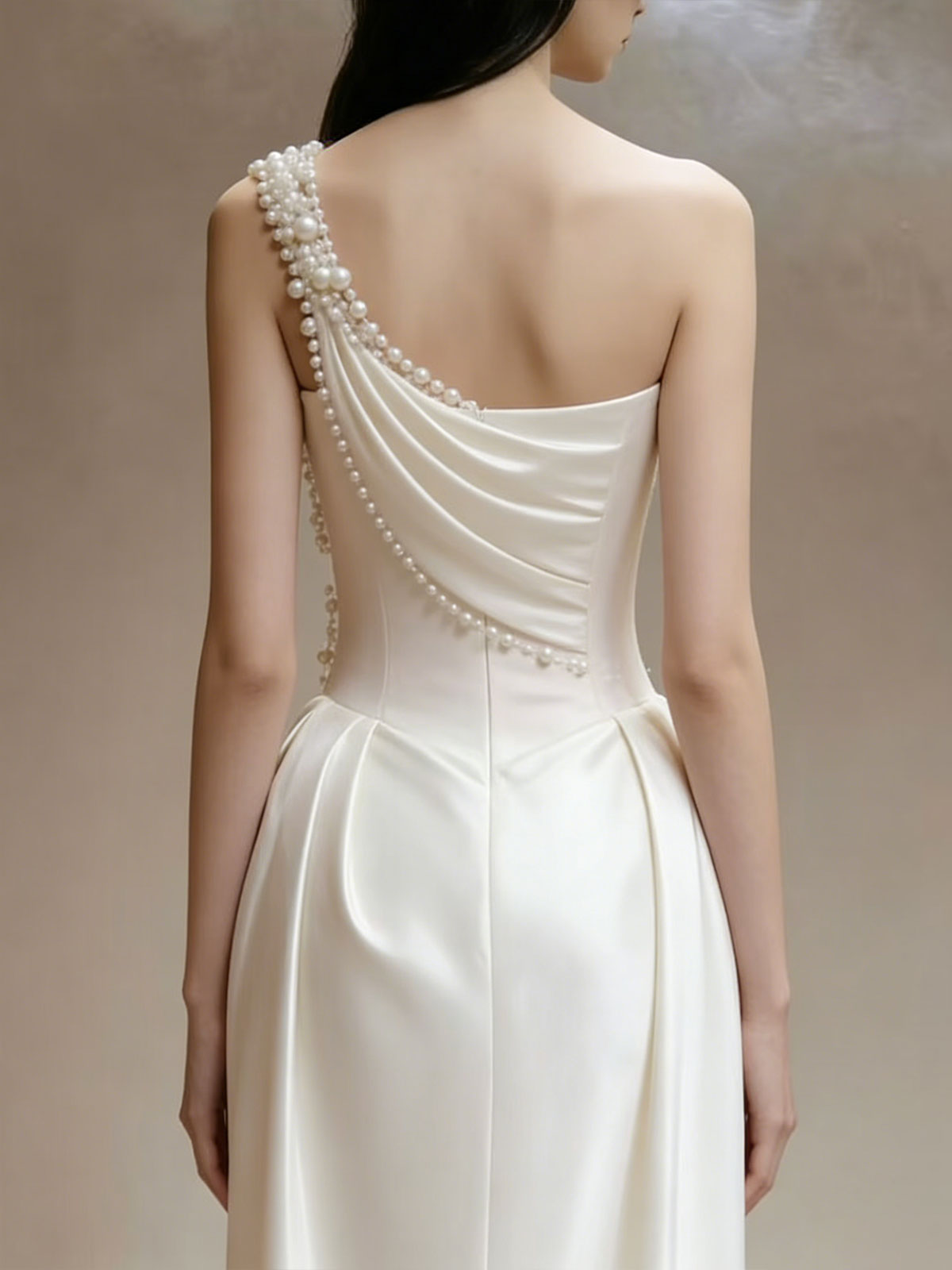 White Pearl Beaded One Shoulder Satin Mermaid Evening Gown