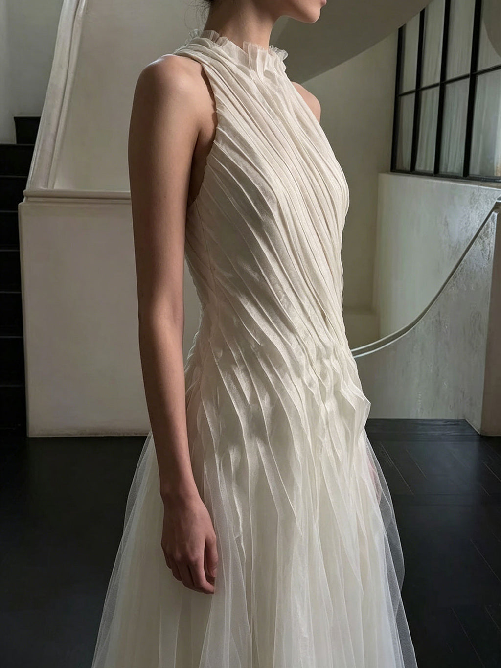 Ivory Halter Neck Ruched Tulle A-Line Wedding Dress