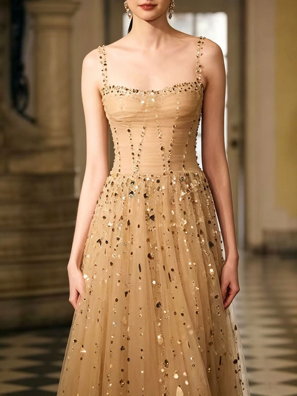Nude Spaghetti Strap Corset Tulle Evening Gown with Multi-Color Crystal Beading