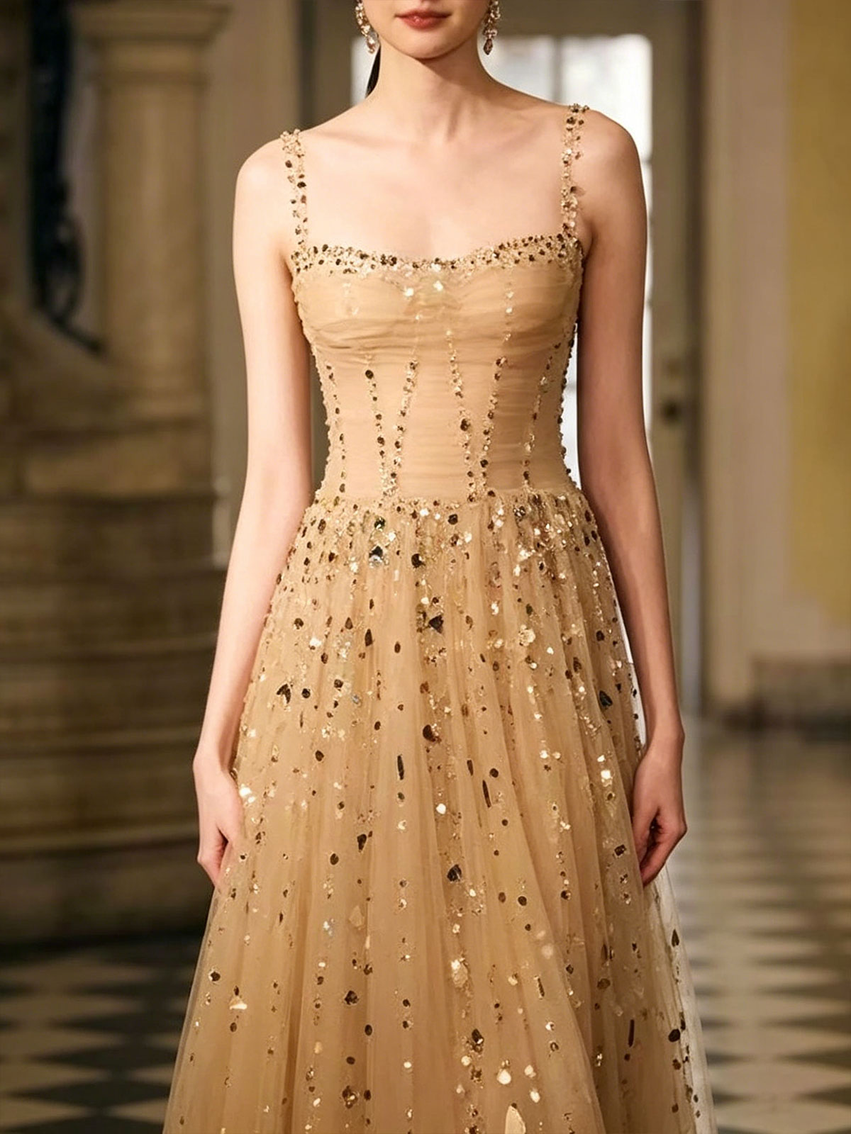 Nude Spaghetti Strap Corset Tulle Evening Gown with Multi-Color Crystal Beading