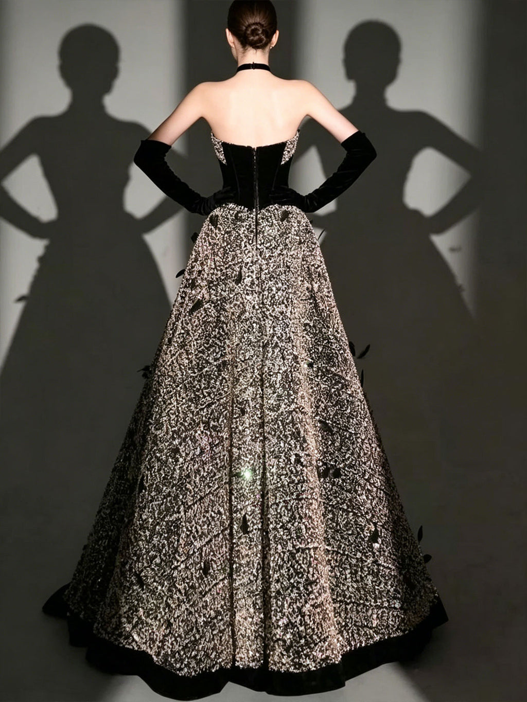 Strapless Sequin Feather Velvet Trim A-Line Evening Formal Gown