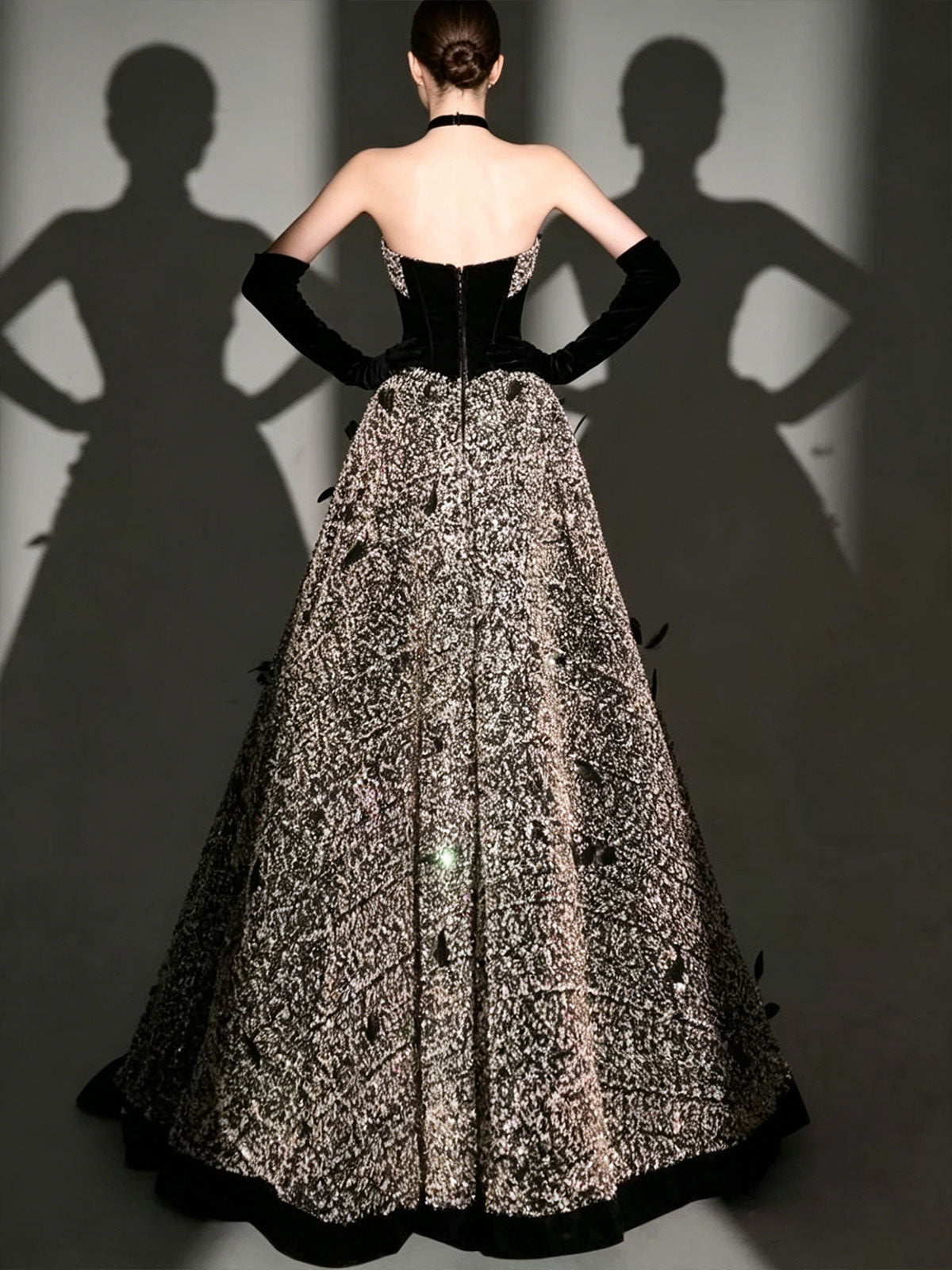 Strapless Sequin Feather Velvet Trim A-Line Evening Formal Gown