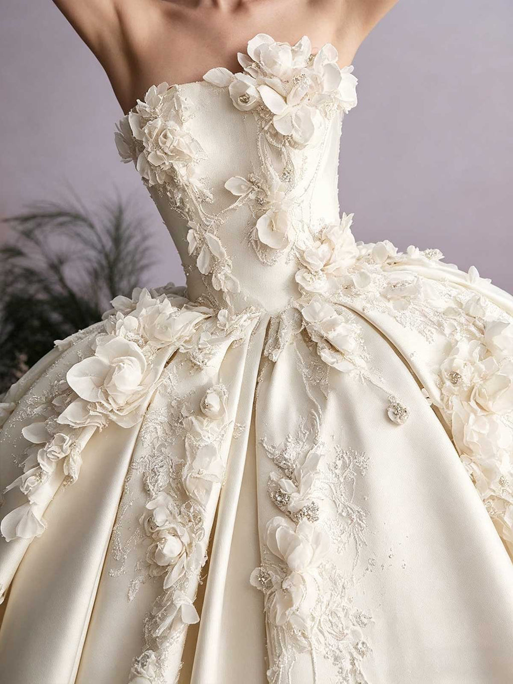 Ivory Satin 3D Floral Strapless Ball Gown Wedding Dress with Train