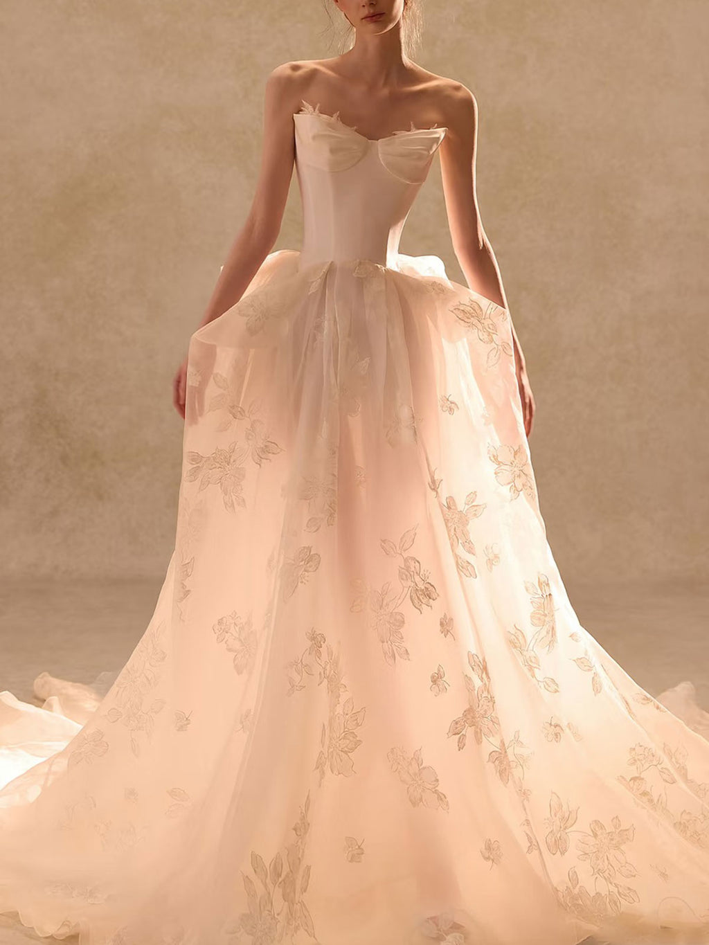 Blush Pink Strapless Gown with Floral Embroidered Tulle & Corset Bodice