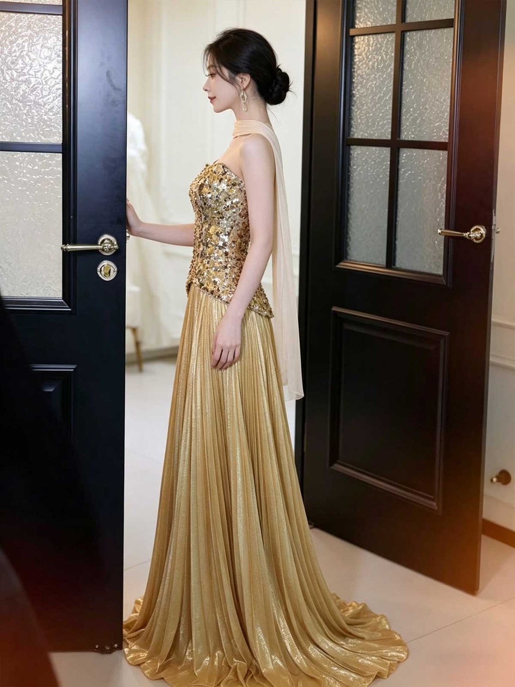 Gold Strapless Sequin Corset Evening Gown with Pleated Metallic Skirt