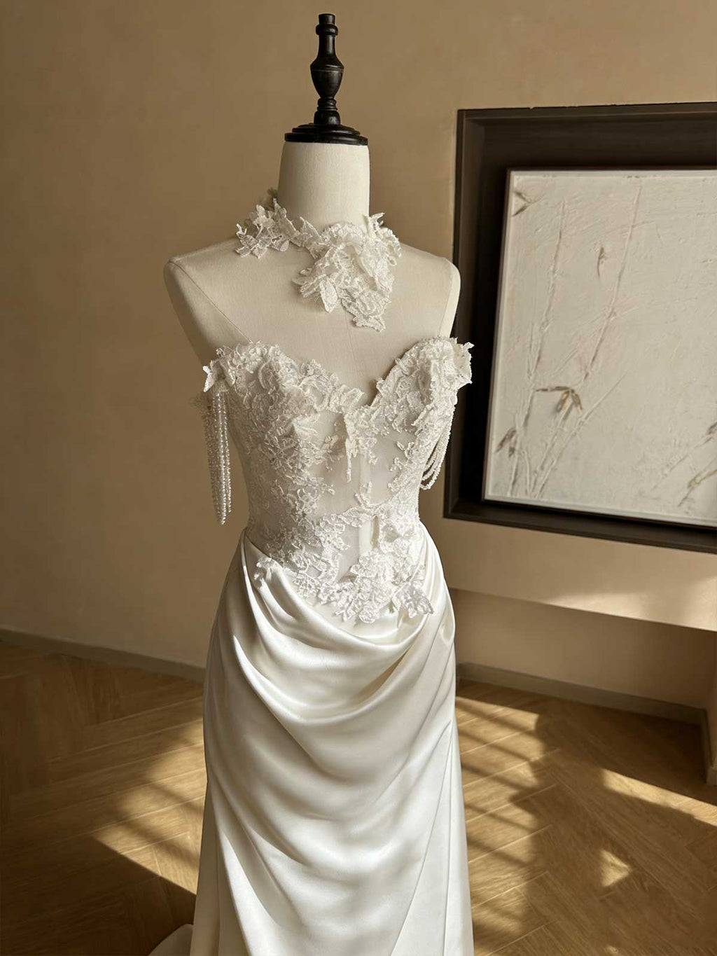 Ivory Lace Satin Mermaid Wedding Gown with Halter Neck