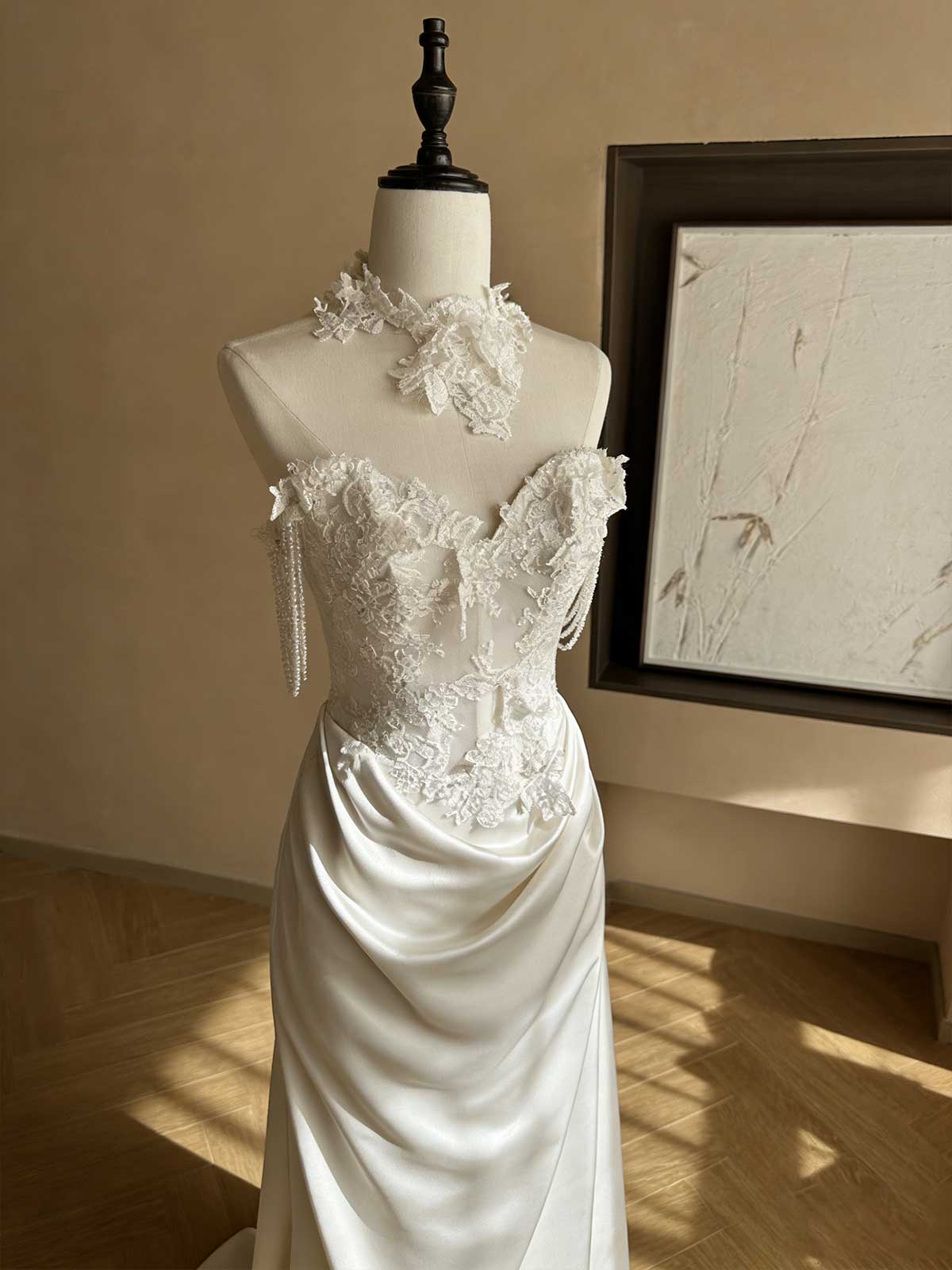 Ivory Lace Satin Mermaid Wedding Gown with Halter Neck