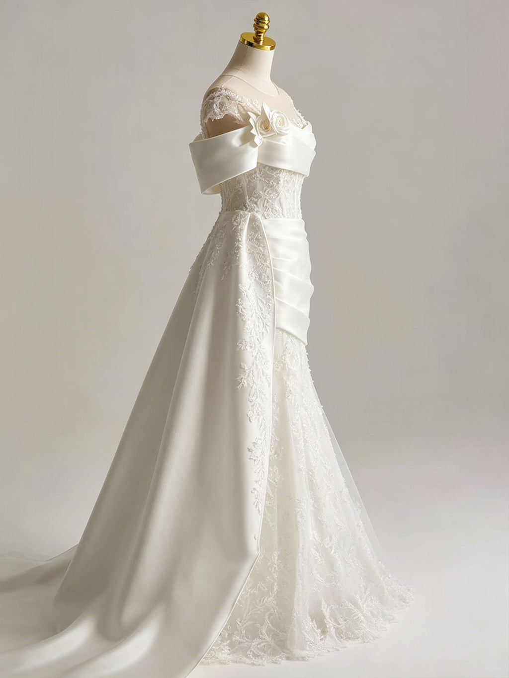Illusion Off Shoulder 3D Floral Lace Mermaid Train Wedding Gown