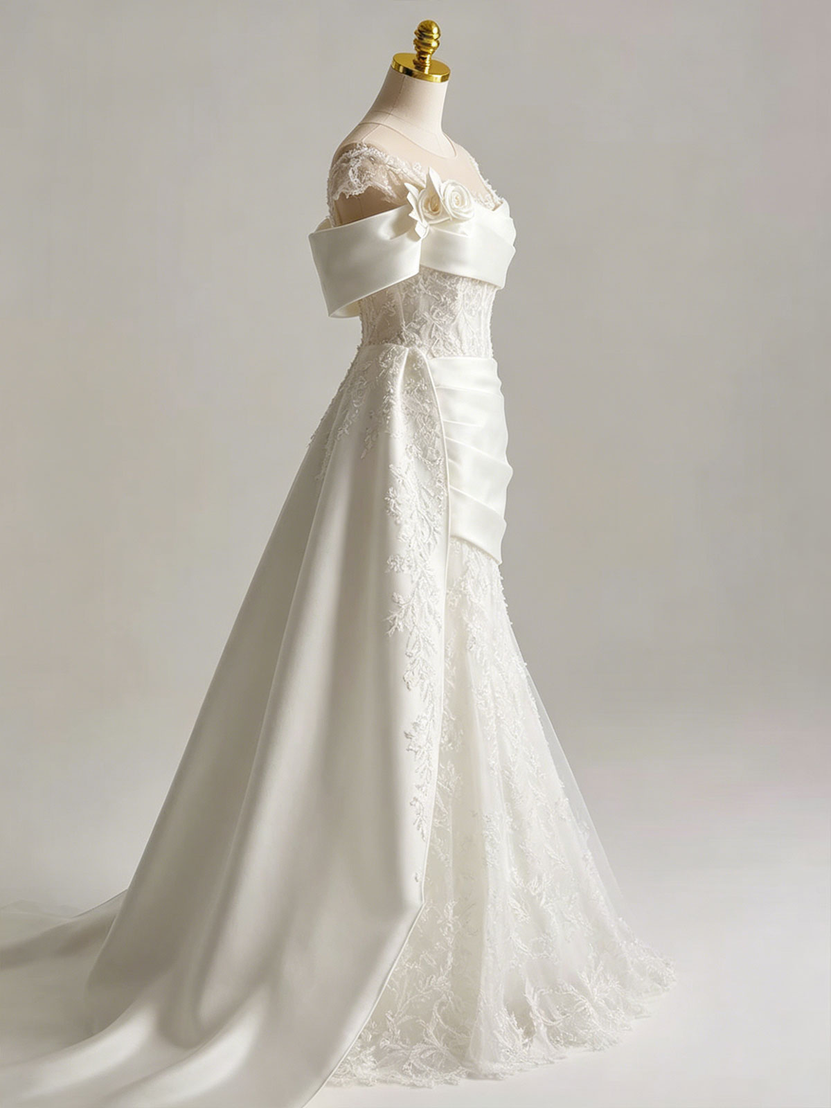 Illusion Off Shoulder 3D Floral Lace Mermaid Train Wedding Gown