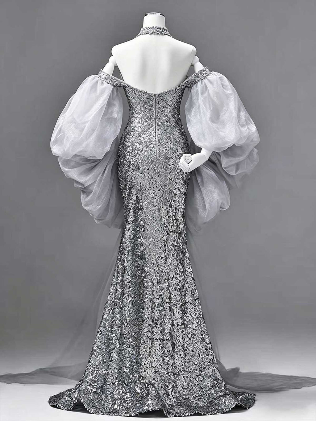 Silver Sequin Mermaid Evening Gown with Detachable Puff Tulle Sleeves