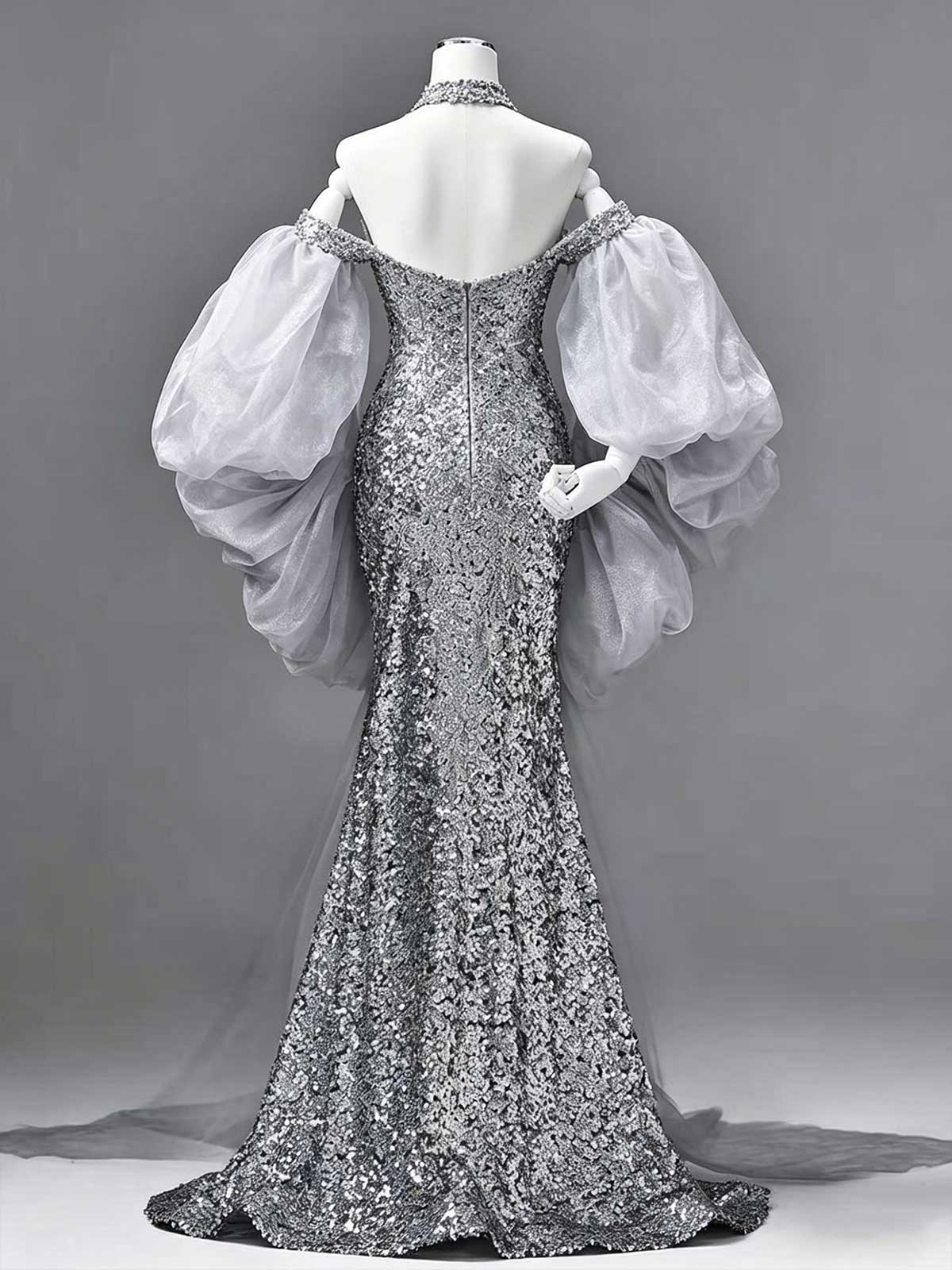 Silver Sequin Mermaid Evening Gown with Detachable Puff Tulle Sleeves