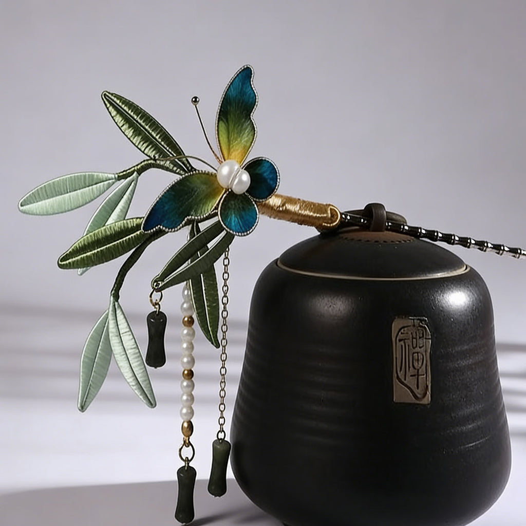Handmade Chinese Bamboo & Butterfly Hairpin with Jade Tassel for Hanfu