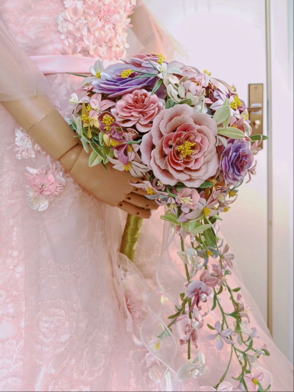 Handmade Silk Cascading Bridal Bouquet – Pink Lavender Wedding Flowers