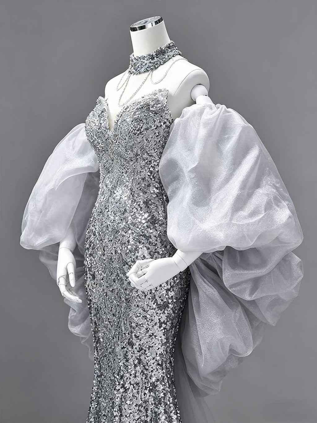 Silver Sequin Mermaid Evening Gown with Detachable Puff Tulle Sleeves
