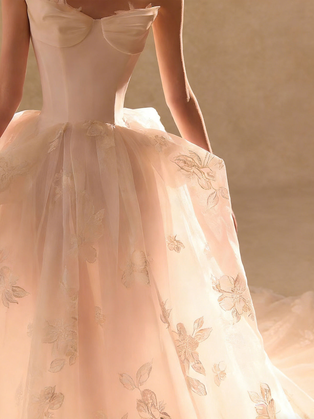Blush Pink Strapless Gown with Floral Embroidered Tulle & Corset Bodice