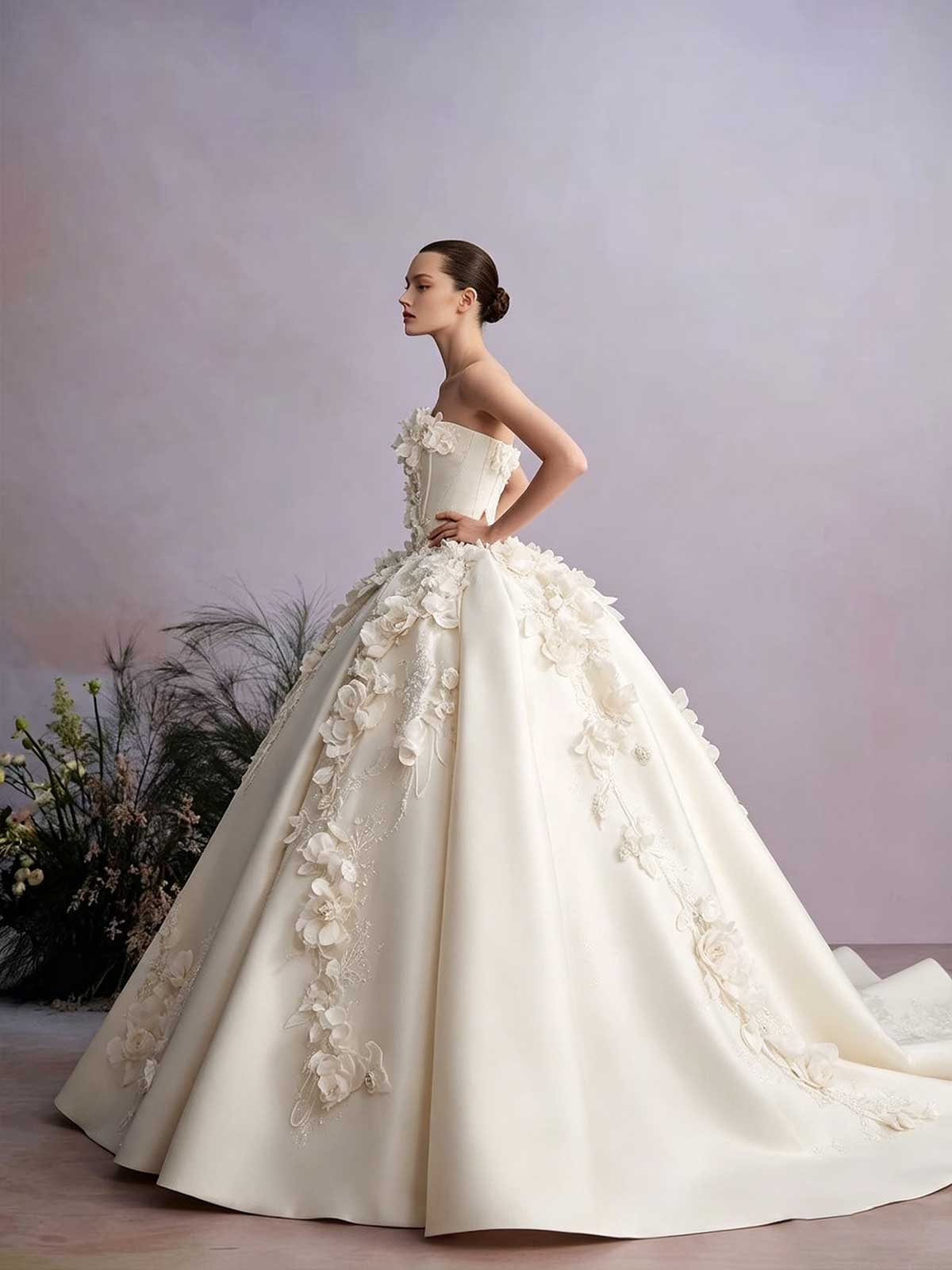 Ivory Satin 3D Floral Strapless Ball Gown Wedding Dress with Train