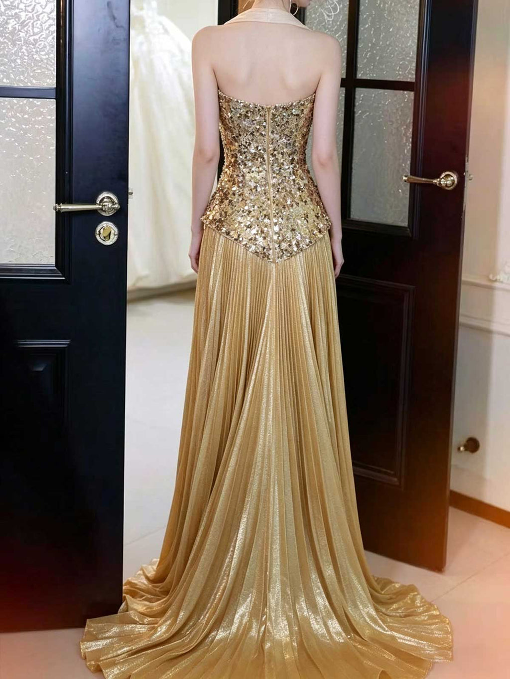 Gold Strapless Sequin Corset Evening Gown with Pleated Metallic Skirt