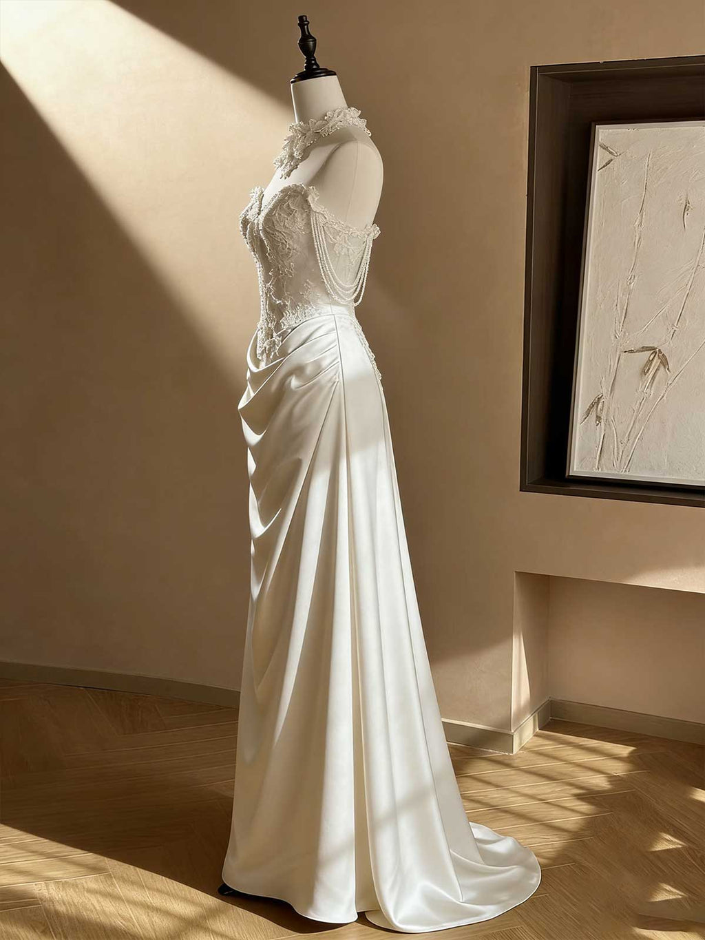 Ivory Lace Satin Mermaid Wedding Gown with Halter Neck