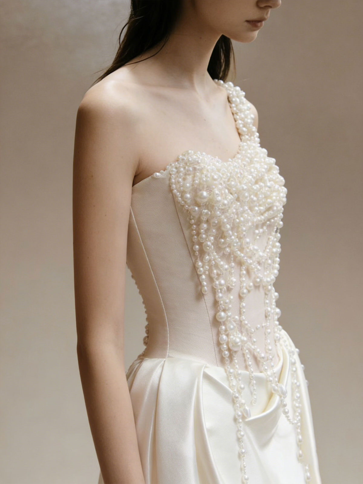 White Pearl Beaded One Shoulder Satin Mermaid Evening Gown