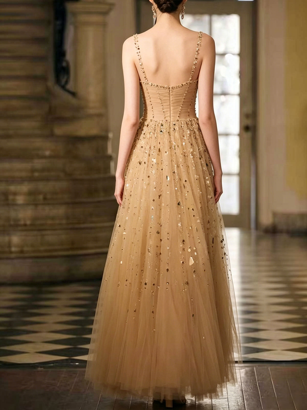 Nude Spaghetti Strap Corset Tulle Evening Gown with Multi-Color Crystal Beading