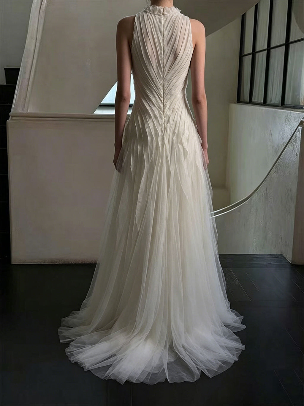 Ivory Halter Neck Ruched Tulle A-Line Wedding Dress