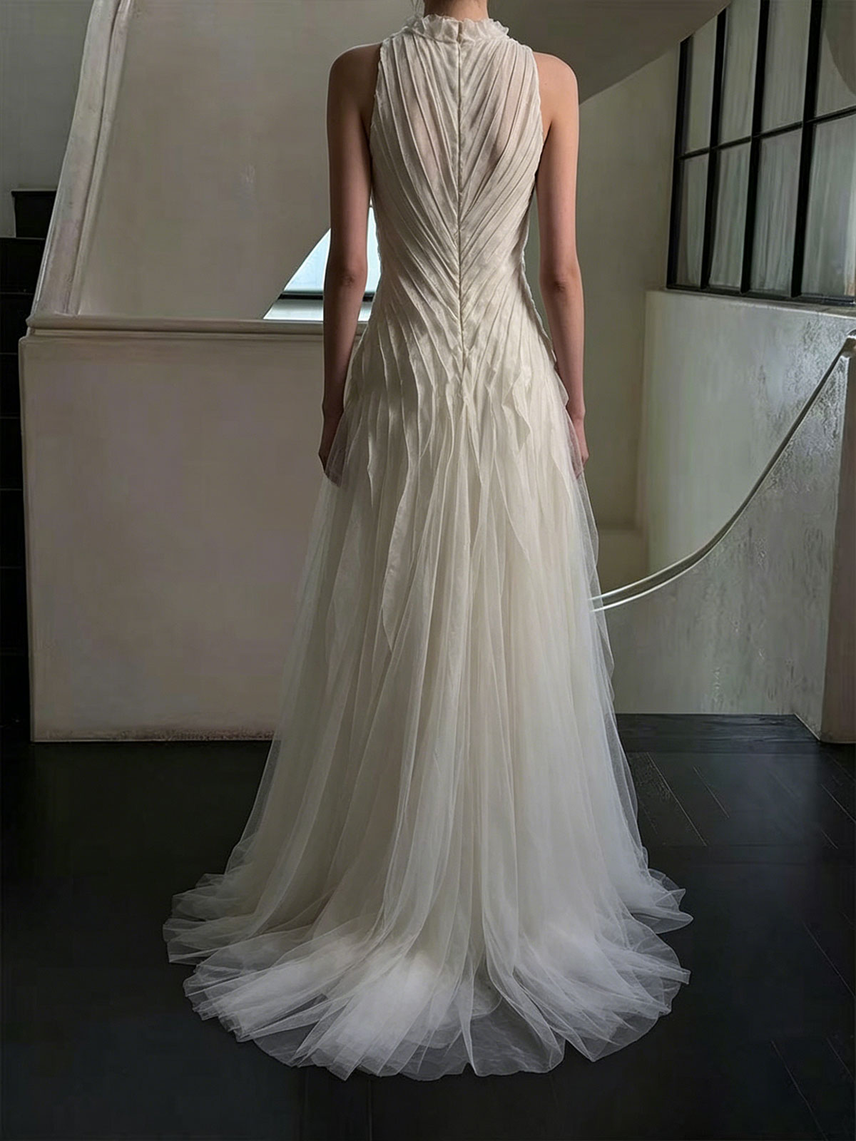 Ivory Halter Neck Ruched Tulle A-Line Wedding Dress