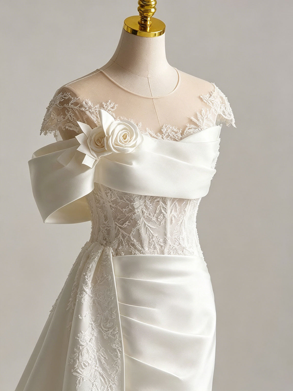 Illusion Off Shoulder 3D Floral Lace Mermaid Train Wedding Gown