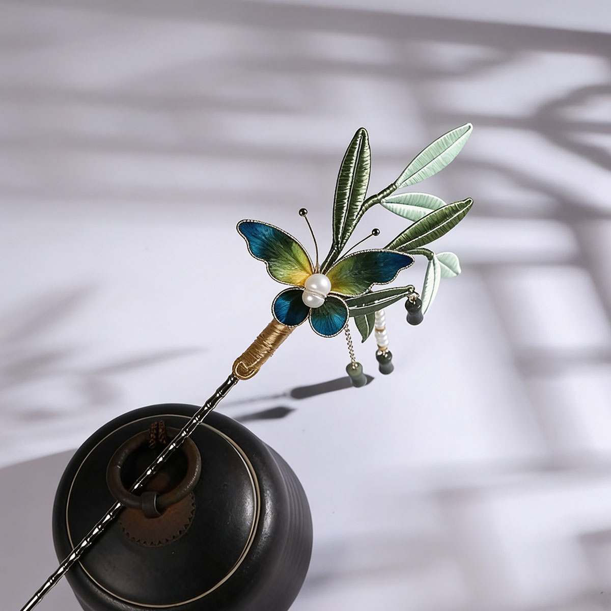 Handmade Chinese Bamboo & Butterfly Hairpin with Jade Tassel for Hanfu