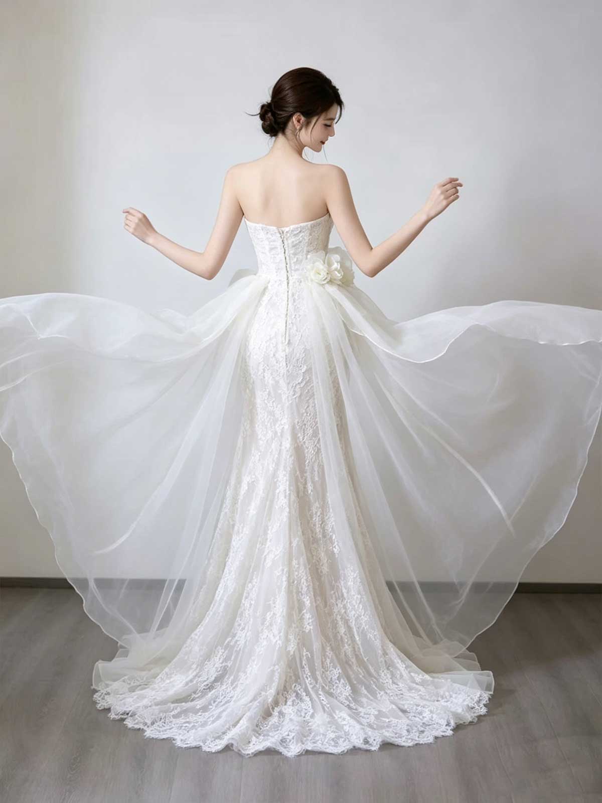 Ivory Lace & Organza Strapless Mermaid Wedding Dress with Overskirt