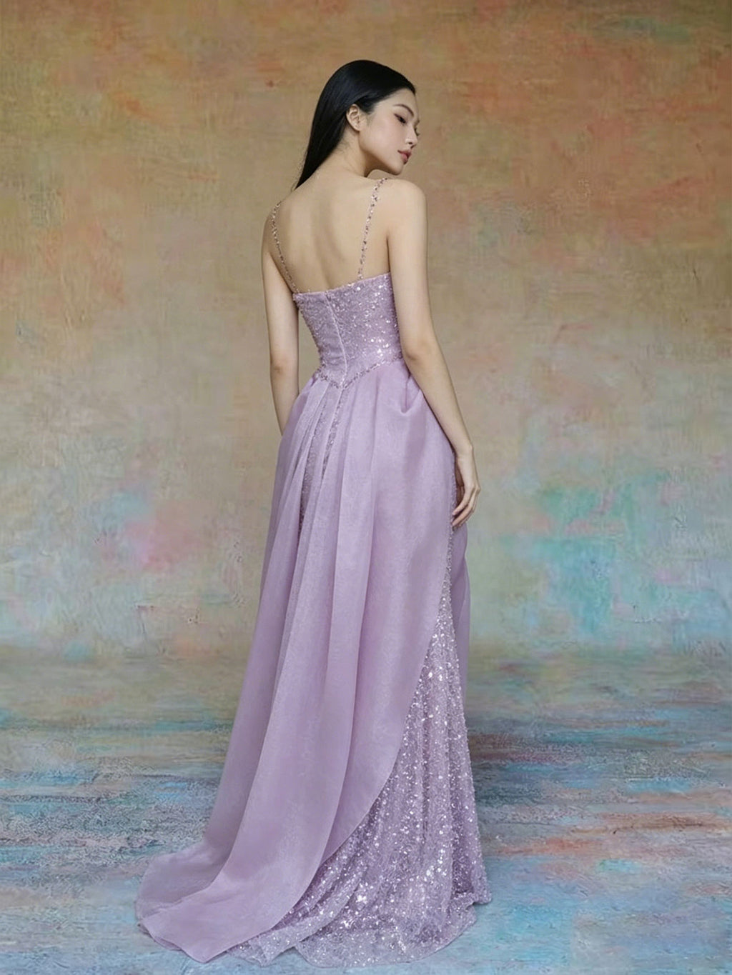 Sheer Neck Lavender Beaded Tulle Draped Satin Evening Gown