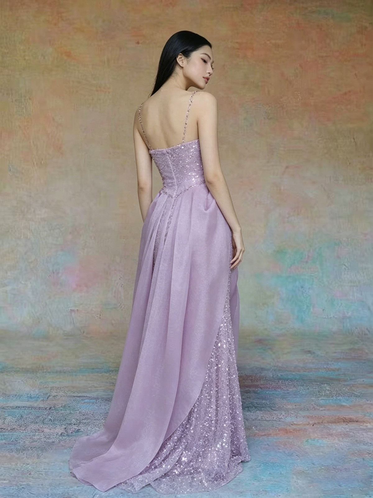 Sheer Neck Lavender Beaded Tulle Draped Satin Evening Gown