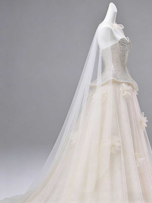 Beaded Corset 3D Floral Tulle A-Line Wedding Dress with Cape