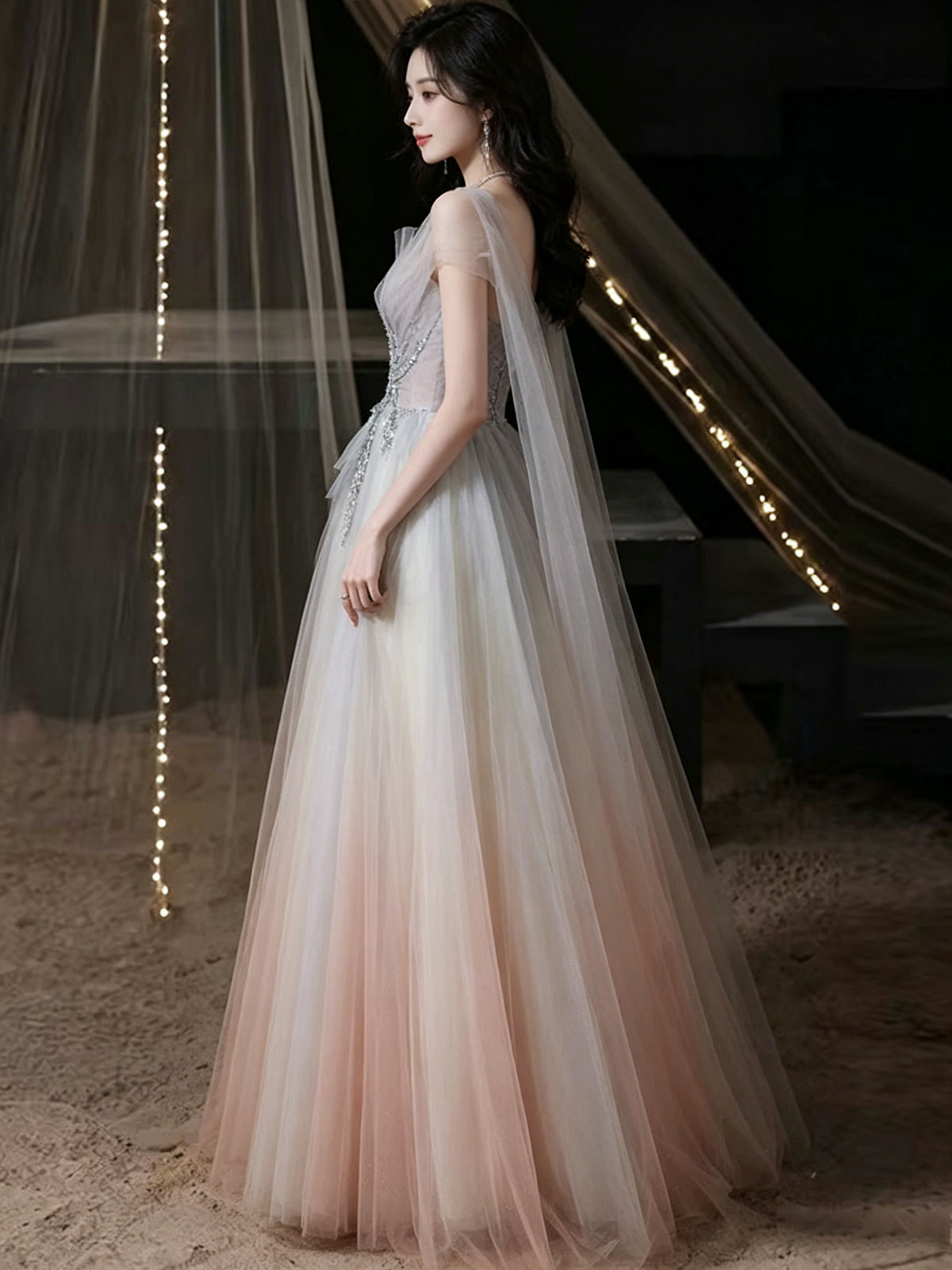 Off Shoulder Ombre Pink Tulle Beaded A-Line Evening Prom Dress