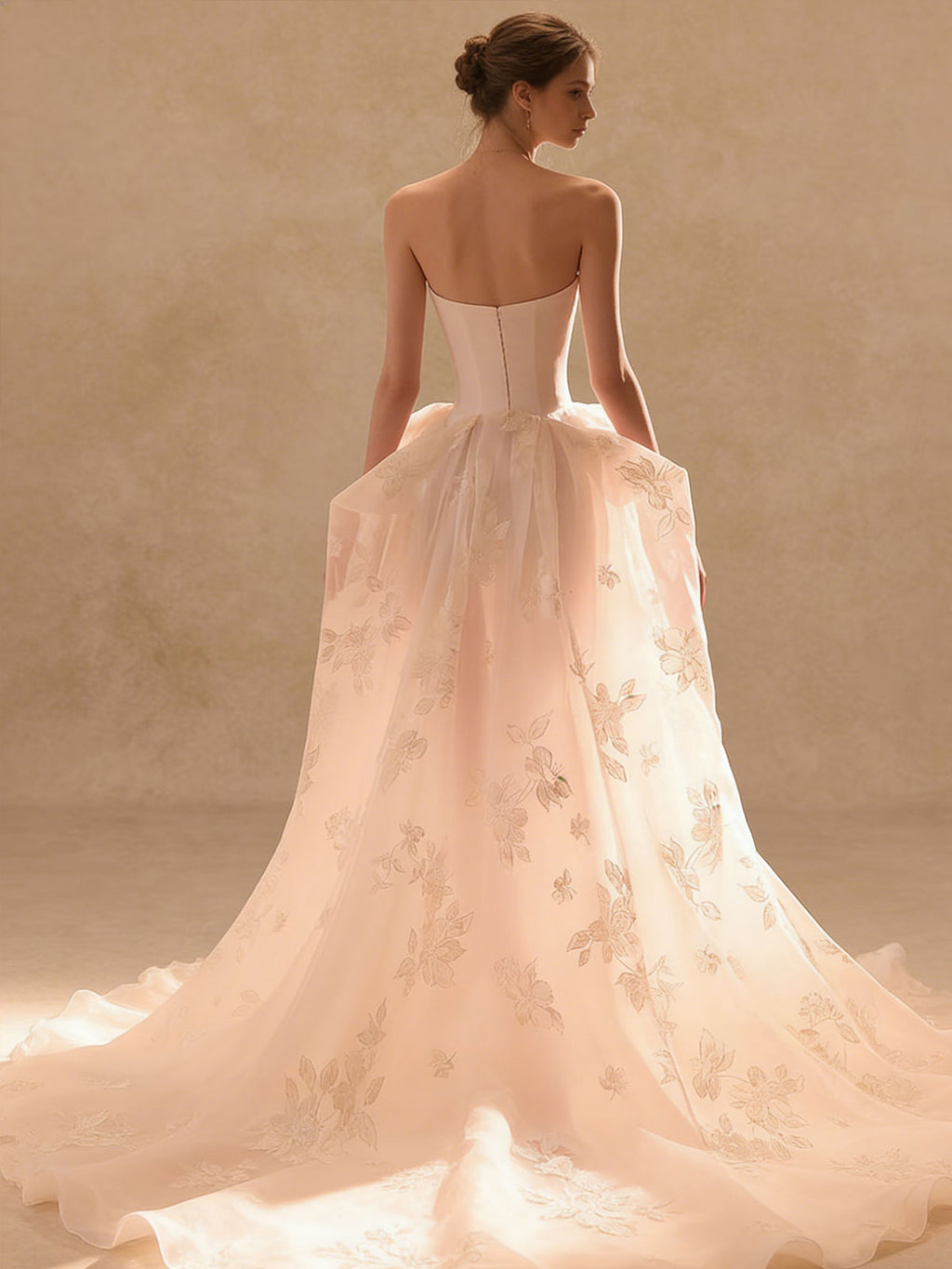 Blush Pink Strapless Gown with Floral Embroidered Tulle & Corset Bodice