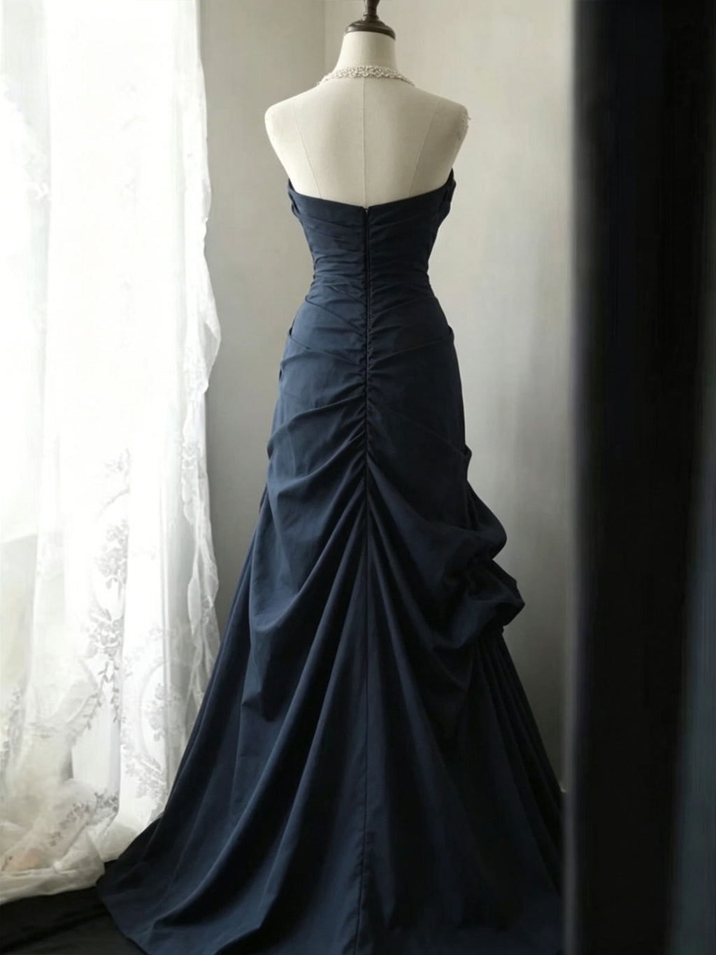 Navy Blue Strapless Ruched Satin Mermaid Evening Gown