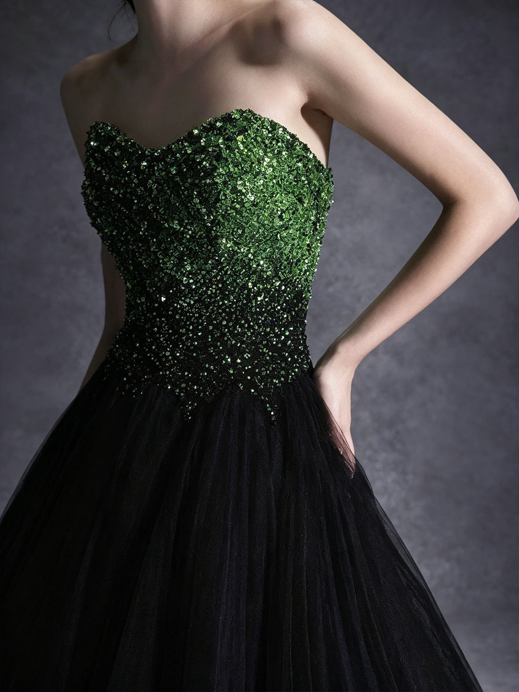 Green to Black Ombre Strapless Ball Gown with Beaded Bodice